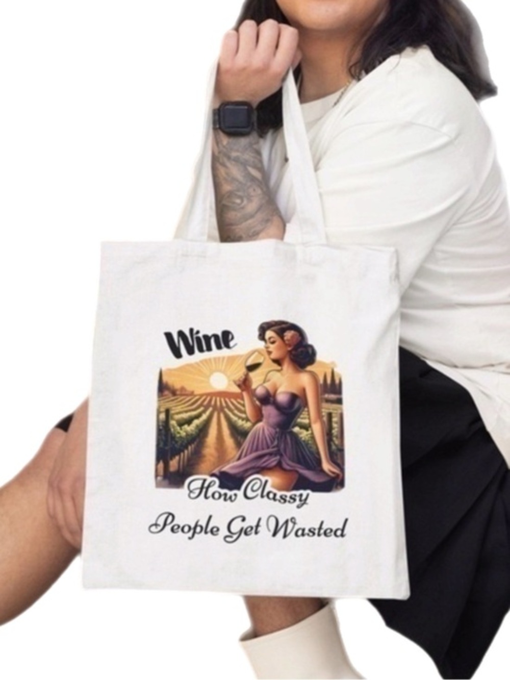 White Canvas Tote Bag Set ‘WINE HOW CLASSY PEOPLE GET WASTED’ Graphic Print